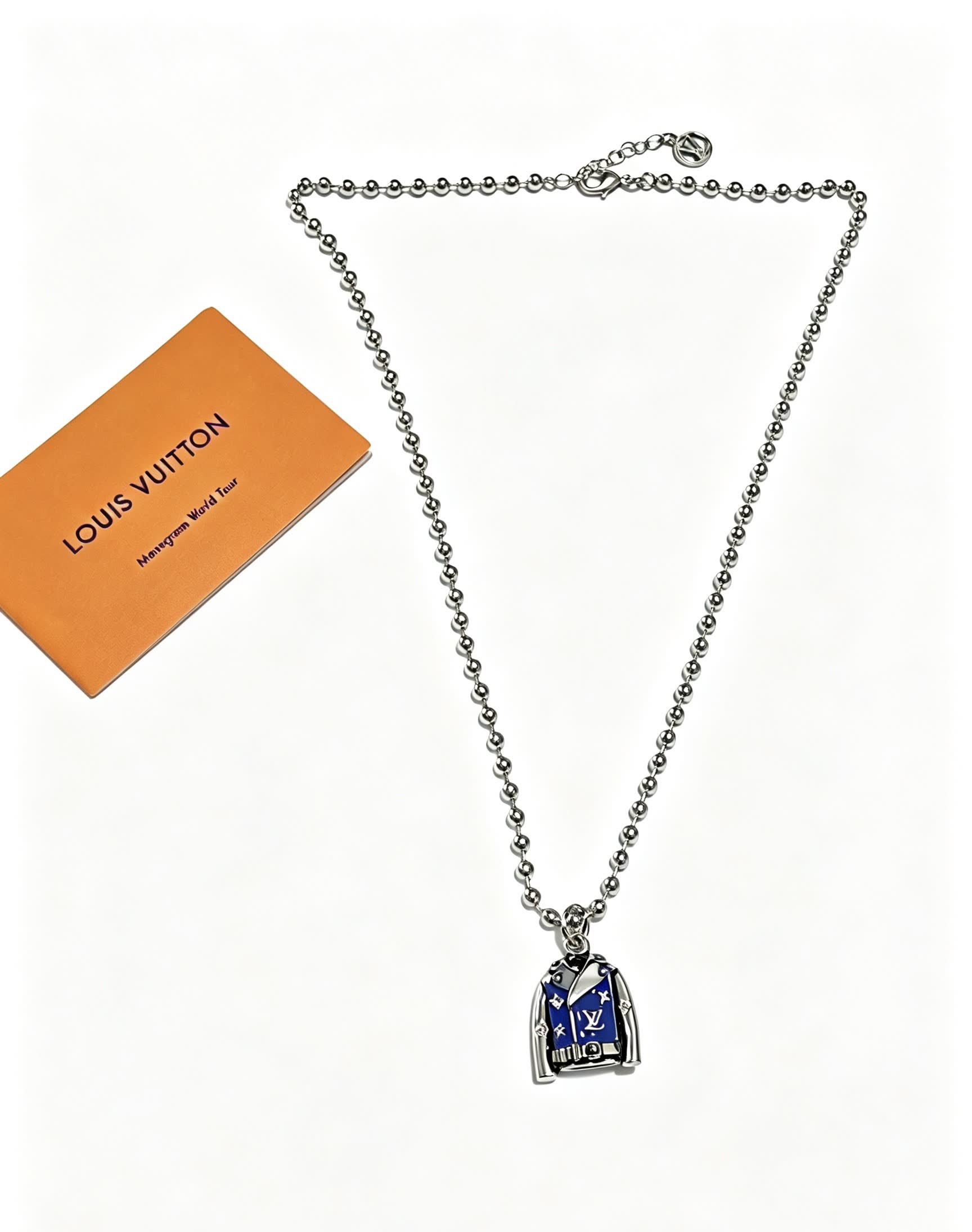 Louis Vuitton Silver Beaded Necklace with Blue Enamel Charm